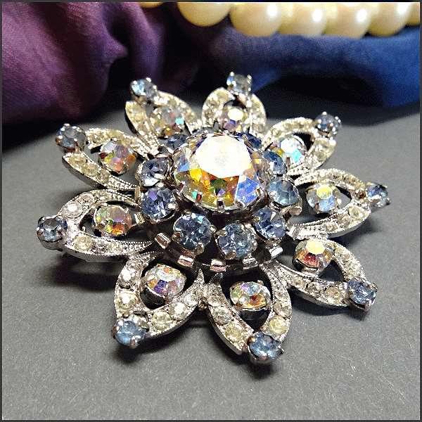 1950s RARE Vintage Austria Signed Crystal Pin w Earrings Snowflakes