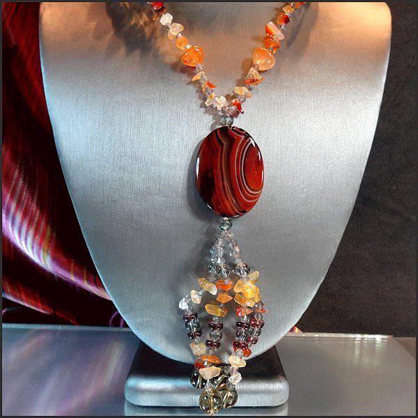 Red Grey Orange Agate Tassel Chalcedony Quartz Vintage Gemstone Necklace