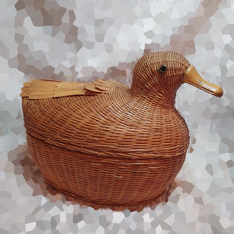 1970s Honey Bamboo Rattan Bird Vintage Basket