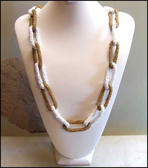 1980s Elegant Gold n White Glass Bead Loops Long Sexy Vintage Necklace