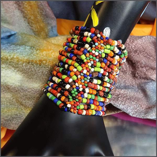 1980s Ethnic Rainbow Glass Bead Long Vintage Cuff Bracelet