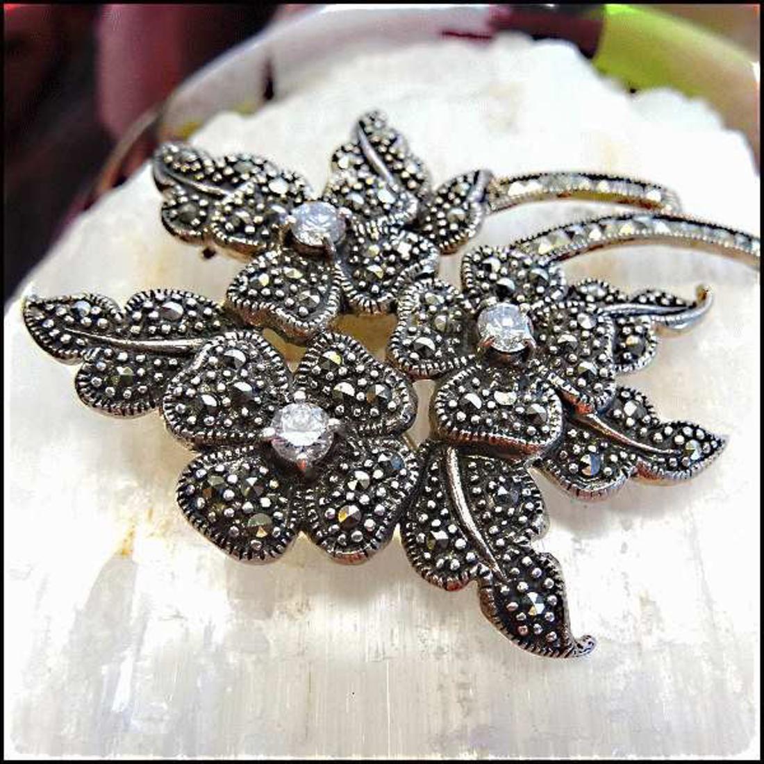 925 Sterling Silver Marcasite Big Vintage Flower Brooch