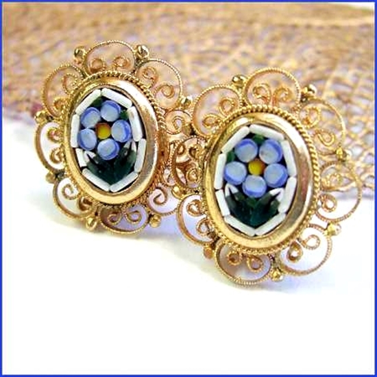 1960s Vintage Italian Earrings Mosaic Blue Glass Flowers