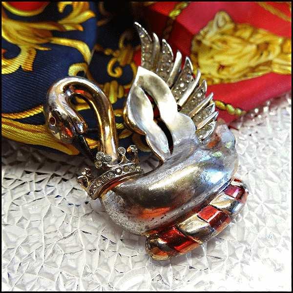 1940s Rare Sterling Gold Swan Brooch Signed REJA
