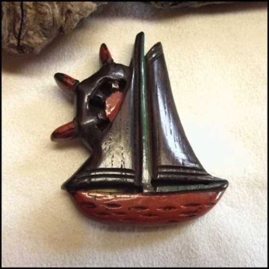 1920s Antique Art Deco Nautical Carved Wood Vintage Sailboat Pin or Pendant