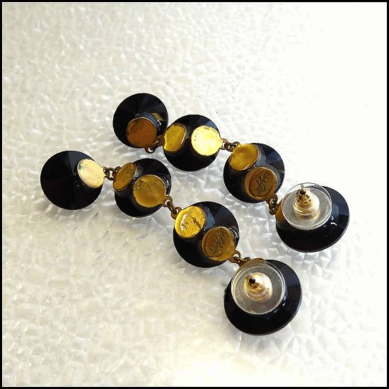 Wendy Gell Signed Black Rivoli Crystal Dangle Vintage Pierced Earrings