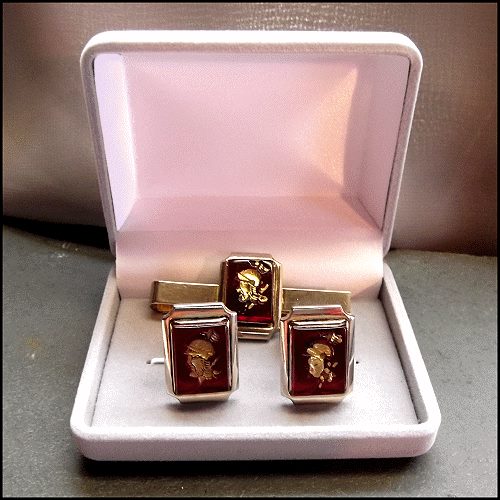 1950s Red Glass Warriors Vintage Cufflinks w Tie Clasp Set
