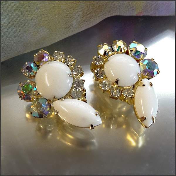 1950s Juliana Vintage Clip Earrings Milk Glass w Pastel AB Rhinestones
