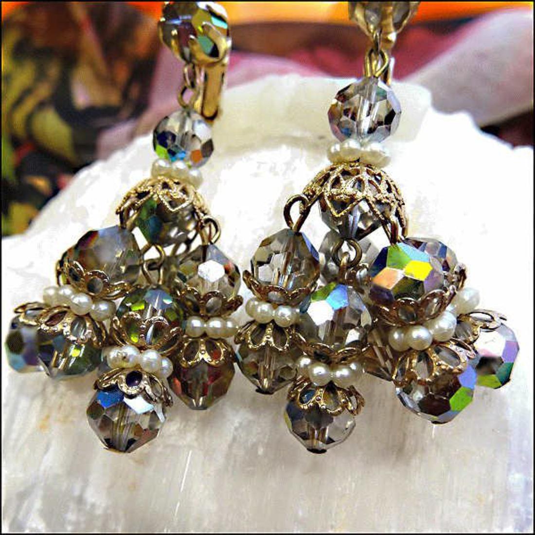 1950s Hattie Carnegie Chandelier Earrings Silver Crystals
