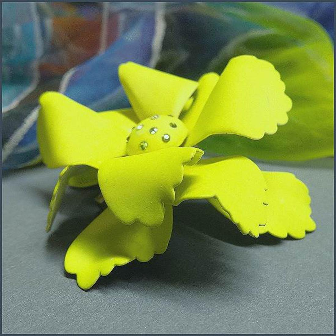 1960s Wild Vintage Brooch RARE Satin Lime Green w Rhinestones 