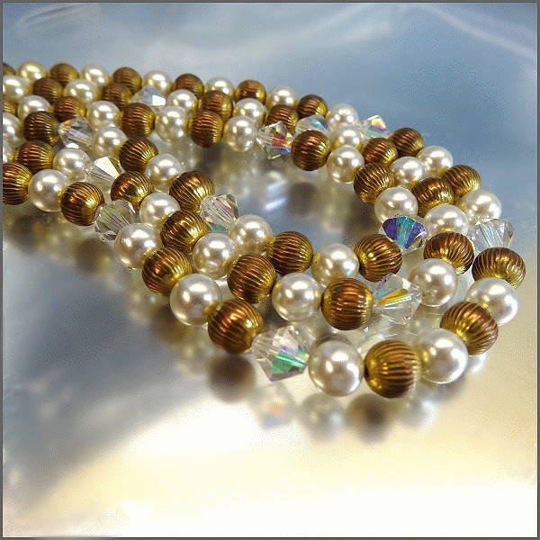 1950s Vintage Cultured Pearl Necklace White n Gold w Crystals 3 Strands