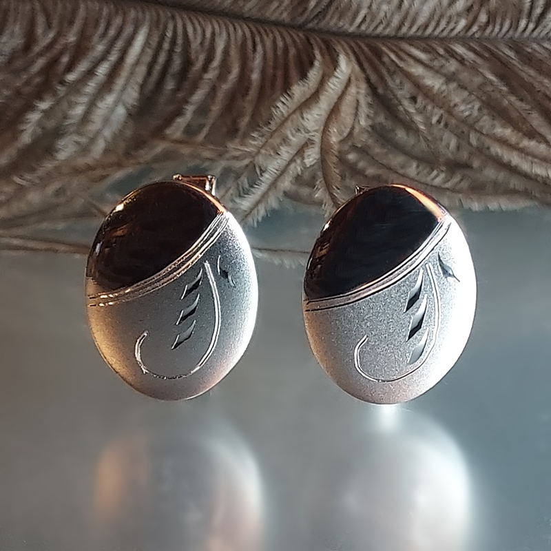 1950s Sterling Silver Laser Etched Oval Vintage Cufflinks