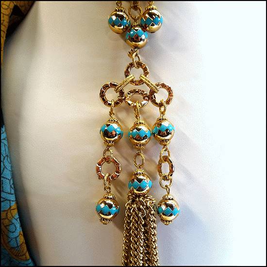 1960s Vintage Long Tassel Necklace w Earrings Gold w Turquoise Set