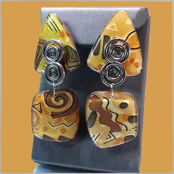 1980s Gold Modern Mosaic Dangle Vintage Pierced Earrings