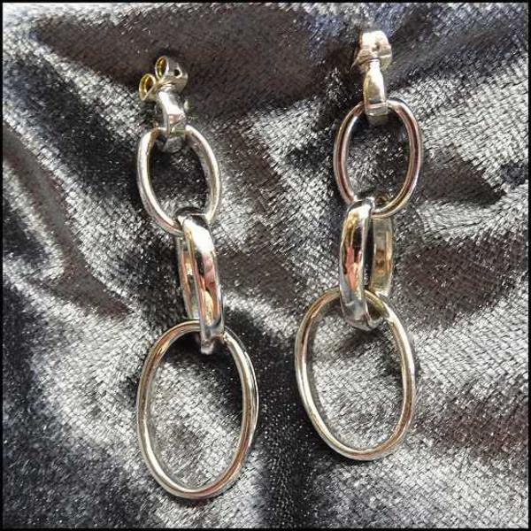 1980s Vintage Elliptical Silver Hoop Dangle Pierced Earrings