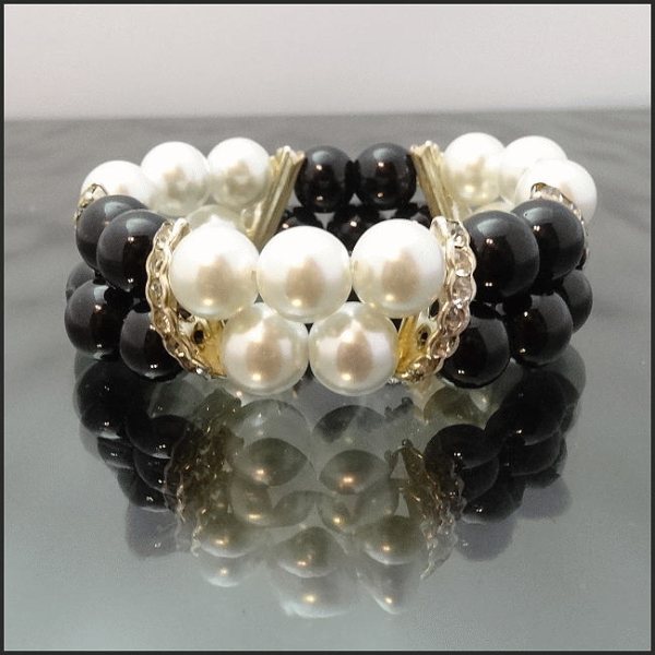 Pearl Bracelet Black n White w Rhinestone Bands