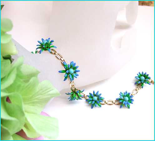 1950s West German Hand Painted Blue Green Vintage Flower Bracelet