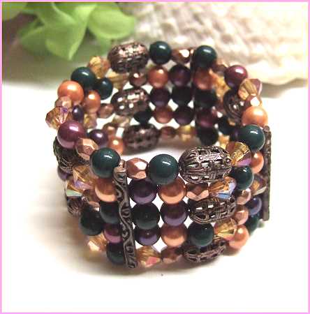 1980s Jewel Tone Colors w Crystals Vintage Pearl Cuff Bracelet