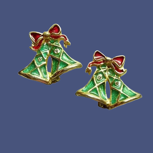 1970s Vintage Christmas Earrings Gold w Enamel Bells and Bows