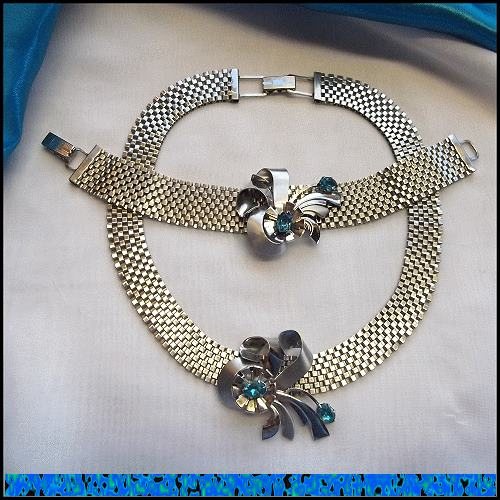 Art Deco Signed Louis Stern Silver Gold Aquamarine Necklace Bracelet Set