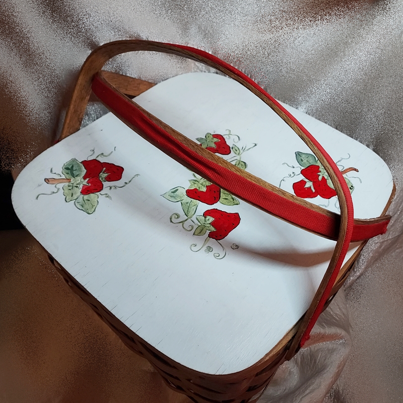 Vintage Oak Picnic Pie Basket Putney VT Basketville w Painted Strawberries