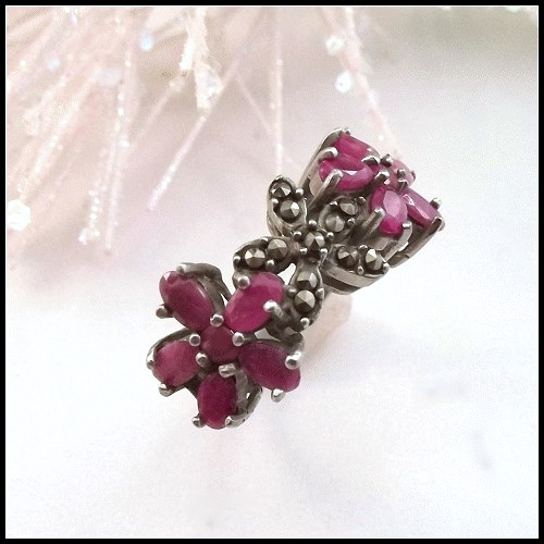Vintage Pink Tourmaline 925 Sterling Silver Ring w Marcasite Flowers Sz 8 