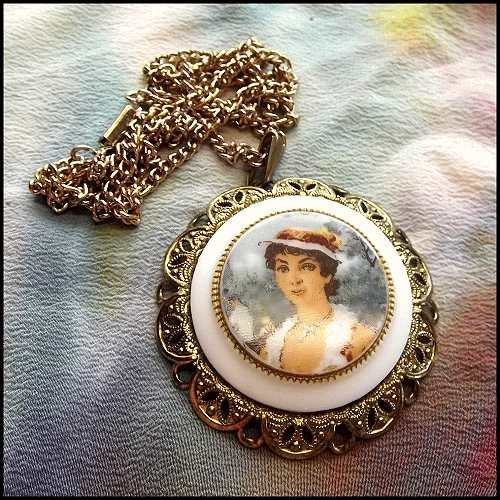 1950s German Victorian Lady Cameo Milk Glass Vintage Pendant Necklace