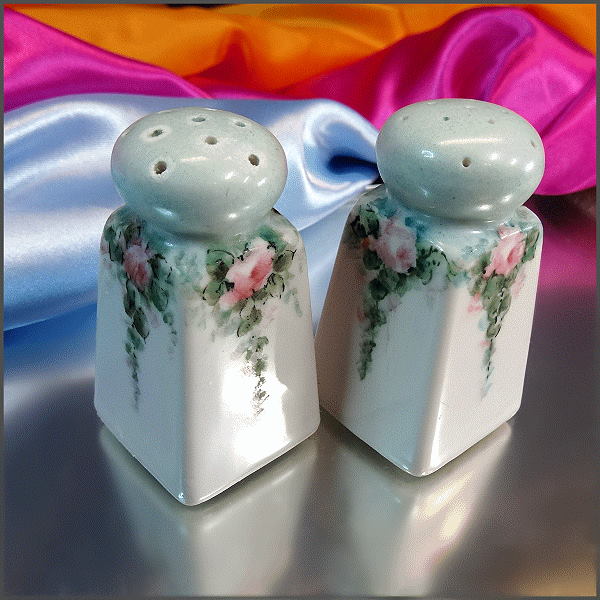 1930s Limoge Style Salt Pepper Set Hand Painted Porcelain
