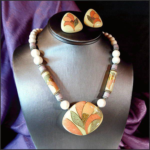 1970s Vintage Necklace w Earrings Porcelain Orchid Flower Set