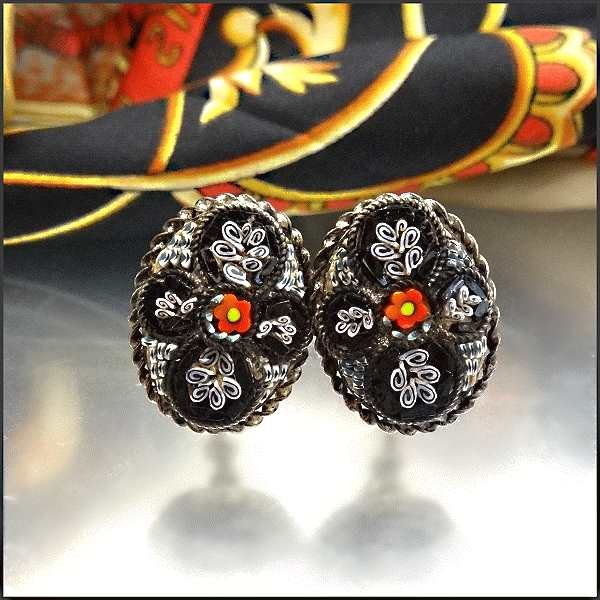 1940s Vintage Earrings Italian Black n White Mosaic Glass Flowers 