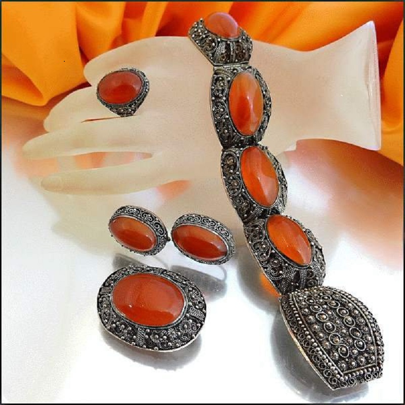 Great Antique Chinese Silver Orange Chalcedony Bracelet Earrings Brooch Ring Set