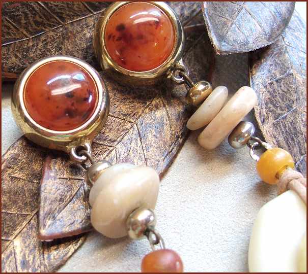 1970s Ethnic Big Marble Beads w Carnelian Vintage Pierced Earrings
