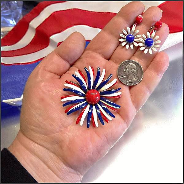 1960s Patriotic Firework Brooch w Earrings Vintage Set