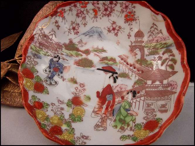 Early 1900s Antique Oriental Mt Fuji Geisha Porcelain HP Bowl