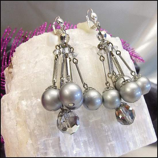 1950s Great Grey Pearl Crystal Chandelier Vintage Pierced Earrings