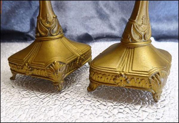 Antique Art Nouveau French Candlesticks Gold Metal Pair
