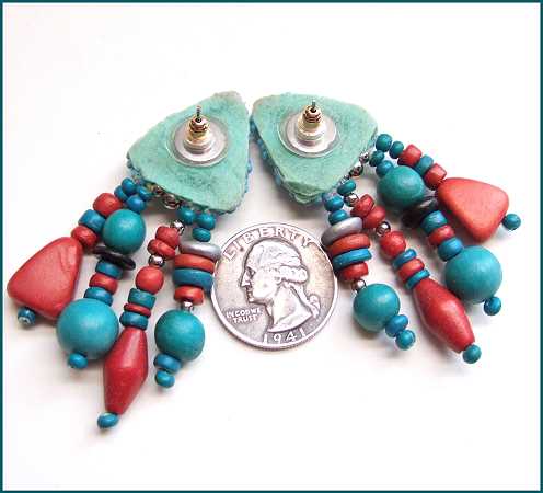 1970s Vintage Pierced Earrings American Indian Style Turquoise Wood Beads