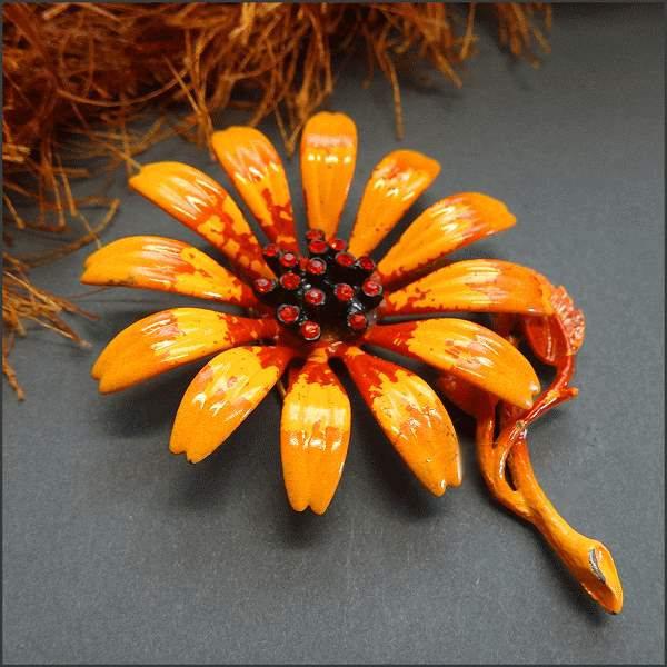1960s Vintage Flower Brooch Orange w Tangerine Rhinestones Signed HEDY 