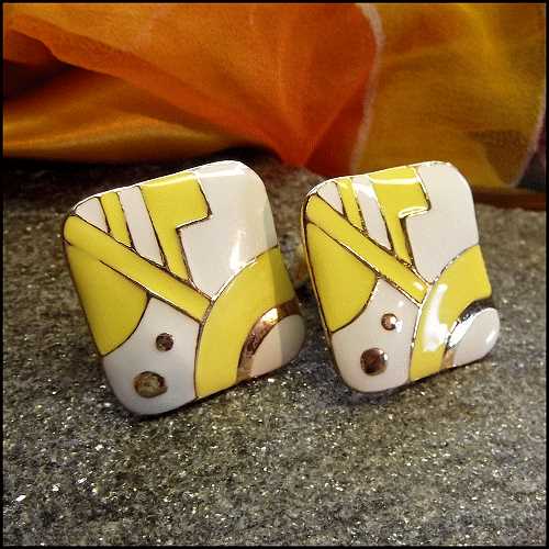 1980s Vintage Earrings Yellow n Gold Art Modern Geometric Clips