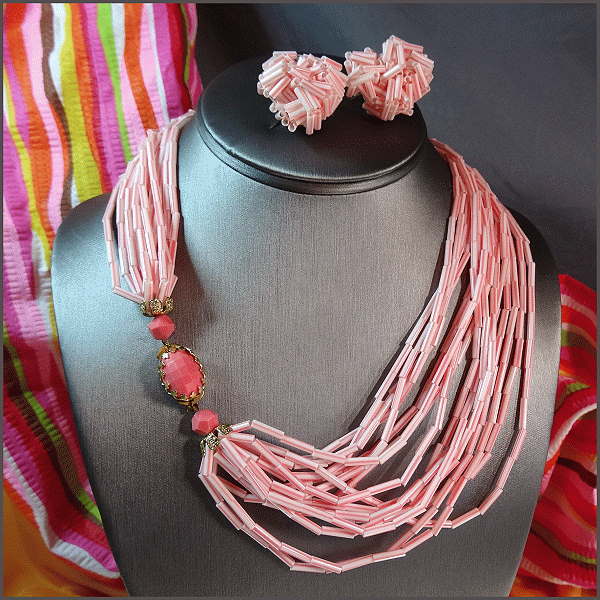1960s West Germany Pink Candy Cane Vintage Necklace w Earrings Set