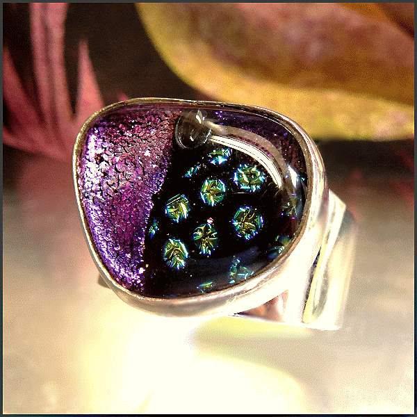 1980s Vintage Dichroic Glass Ring 925 Sterling Silver Sz 10 