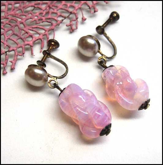 1930s Antique Earrings Petite French Pink Opal Glass w Pearls