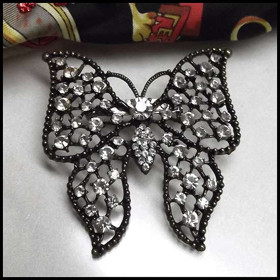 1970s BIG Vintage Butterfly Brooch Black w Crystals Pin or Pendant