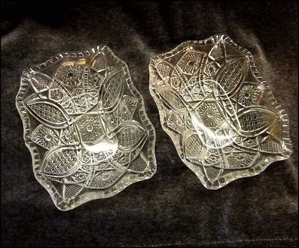 Early 1900s Vintage EAPG Glass Nappy Dishes Pleated Medallions Pair