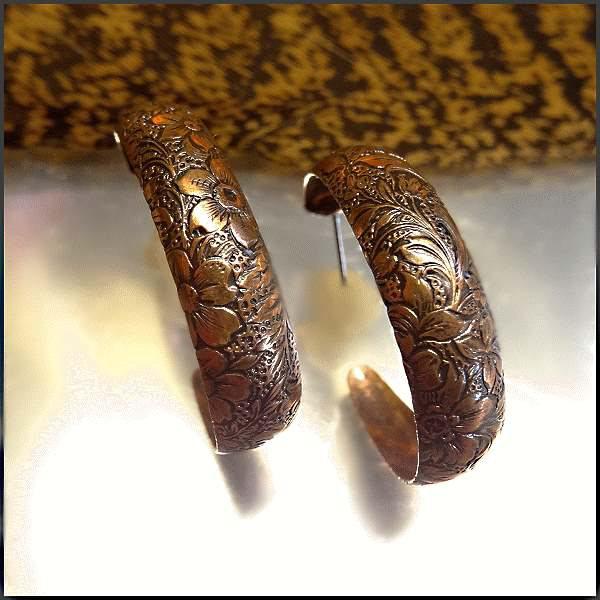 1970s Vintage Copper Hoop Earrings Patina Embossed Flowers