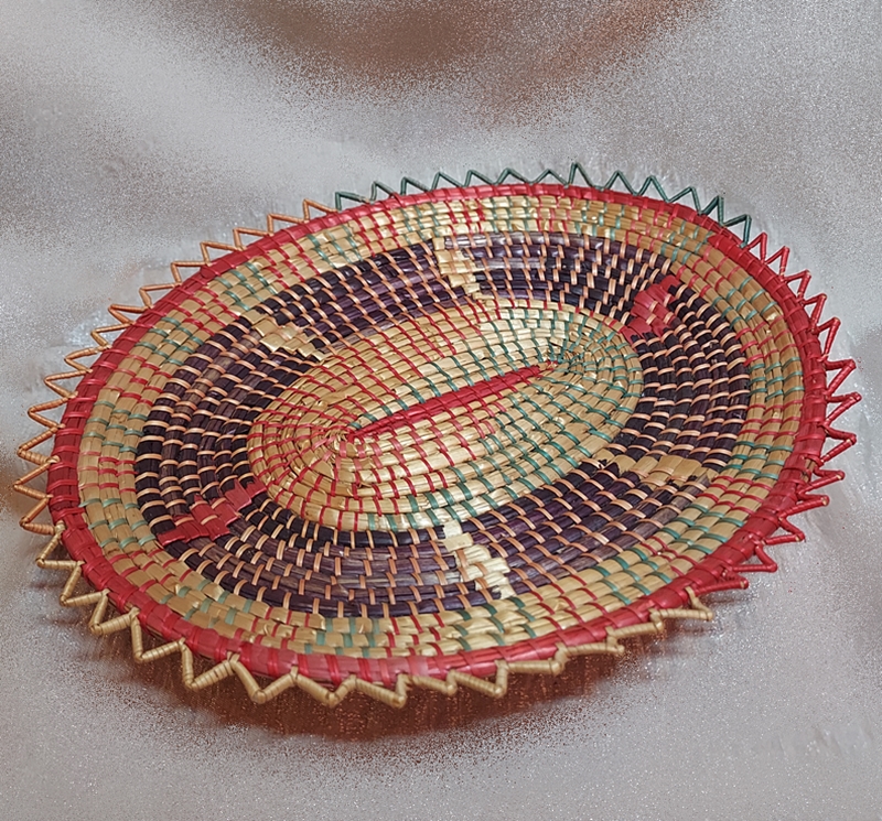 Rare 1970s Turtle Vintage Basket Long Pine Needle w Rainbow Straw Raffia