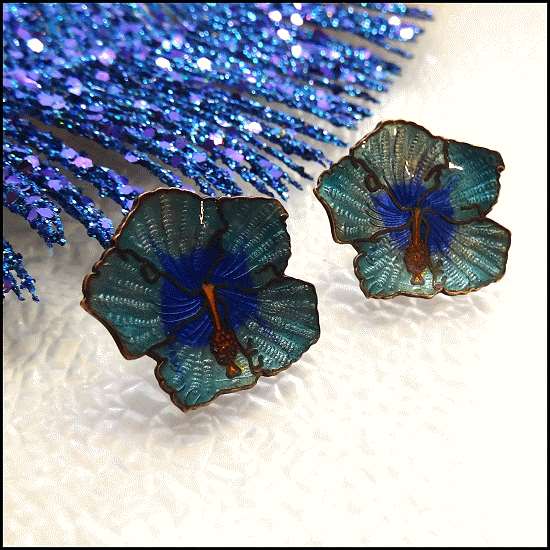 1950s French Cloisonne Vintage Copper Earrings Blue Orchids