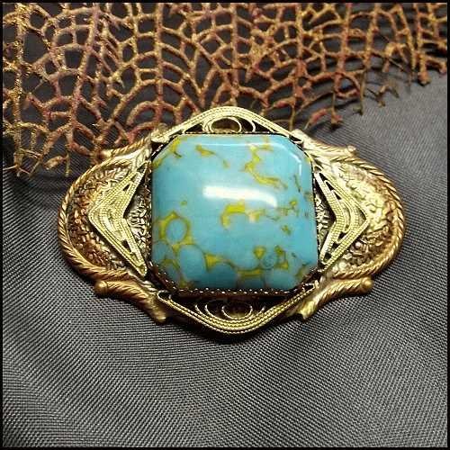 1930s Antique Italian Portuguese Turquoise Glass Brooch