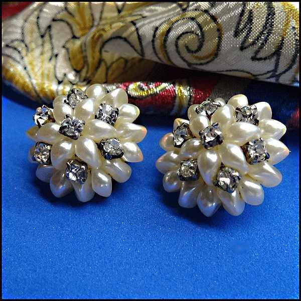 1950s Vintage Clip Earrings Crystal Pearl Flowers 