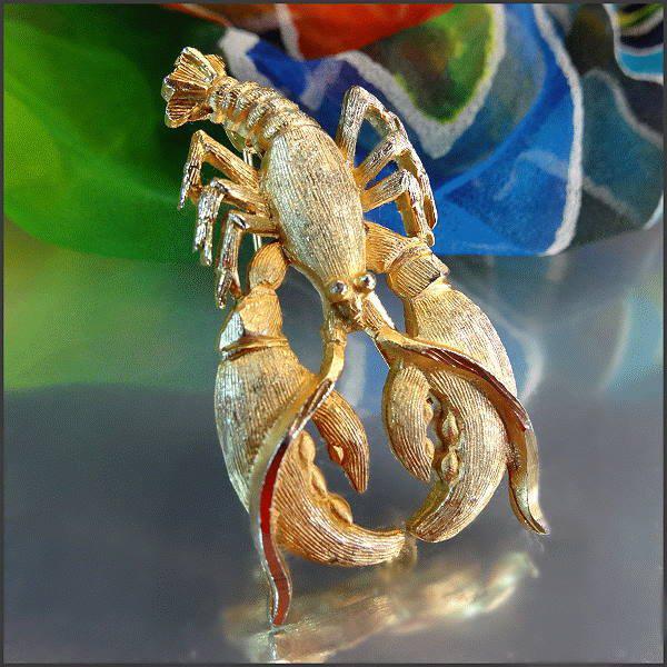 1950s Vintage Satin Gold Maine Lobster Brooch